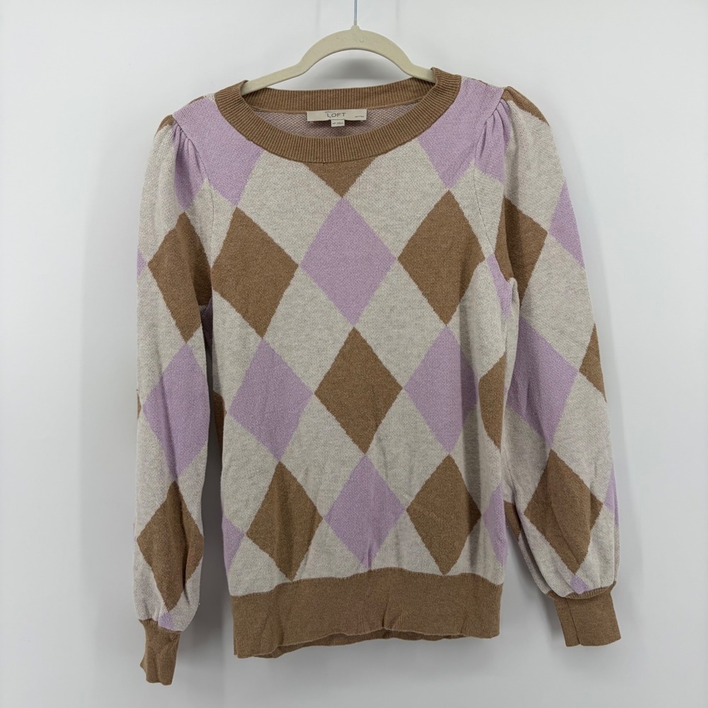 LOFT Womens MP Tan Purple Argyle Sweater Puff Sleeve Crew Neck Knit Pullover‎